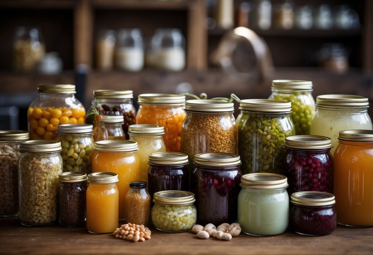 A collection of glass jars and containers filled with fermenting foods and beverages, surrounded by various utensils and tools for the fermentation process