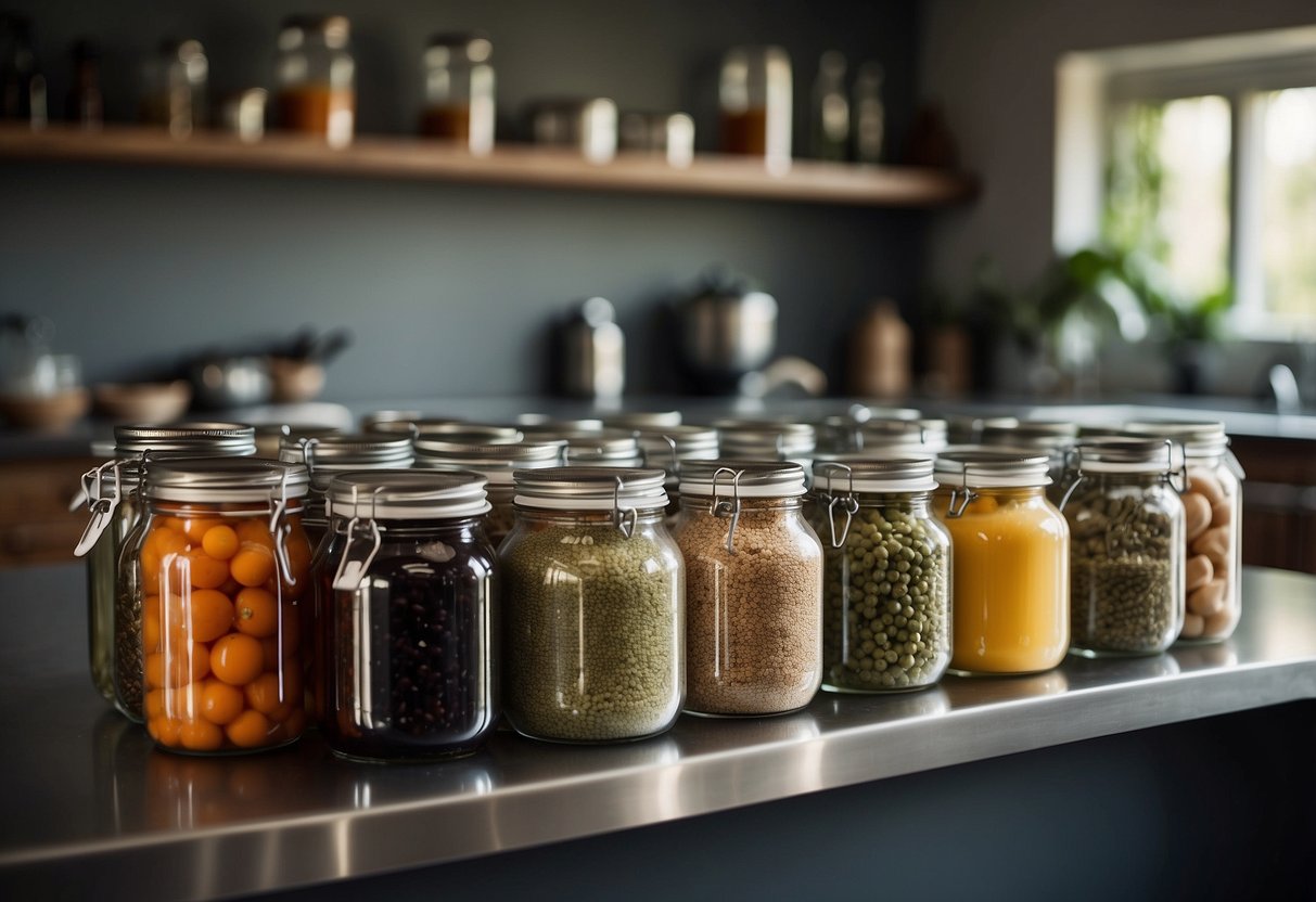 A fermenting set with jars, airlocks, and labels on a clean, organized kitchen counter