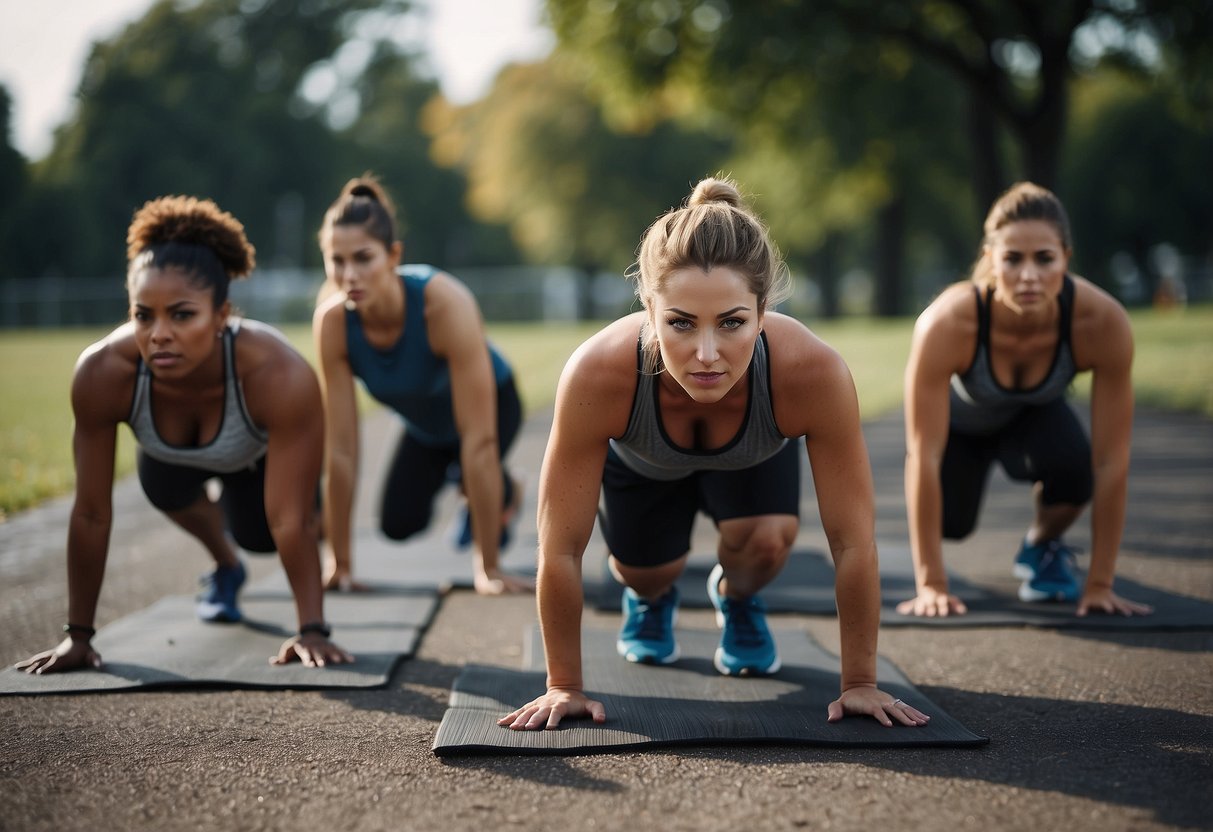 A group of people performing Tabata training outdoors, with a timer set for intervals. Sweat drips down their faces as they push through the intense workout