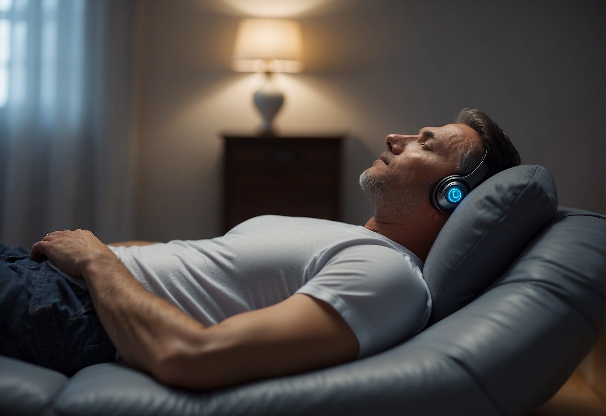 A figure reclines on a supportive surface, easing lower back strain, and drifts into a peaceful slumber