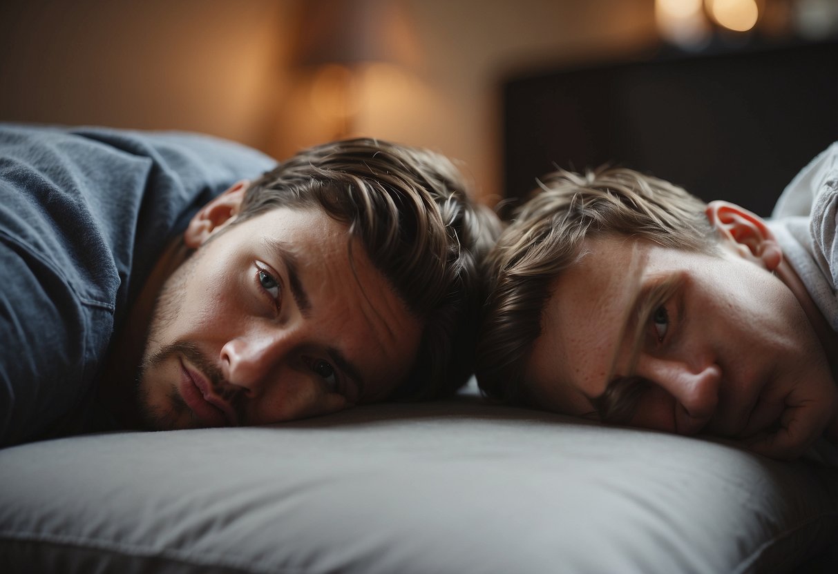 A person lying on their back with a pillow under their knees, and another person lying on their side with a pillow between their knees