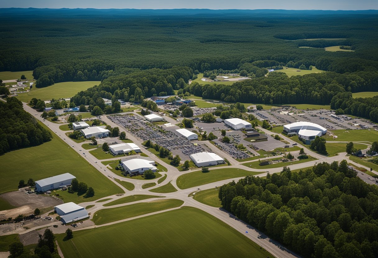 Aerial view of Dahlgren, VA with buildings, roads, and surrounding landscape