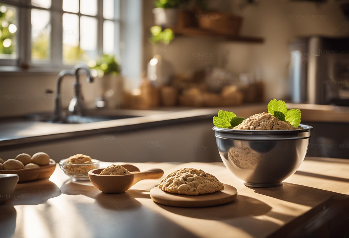 A kitchen counter with ingredients for summer cookies, a mixing bowl, and a rolling pin. Sunlight streams through the window, casting warm shadows