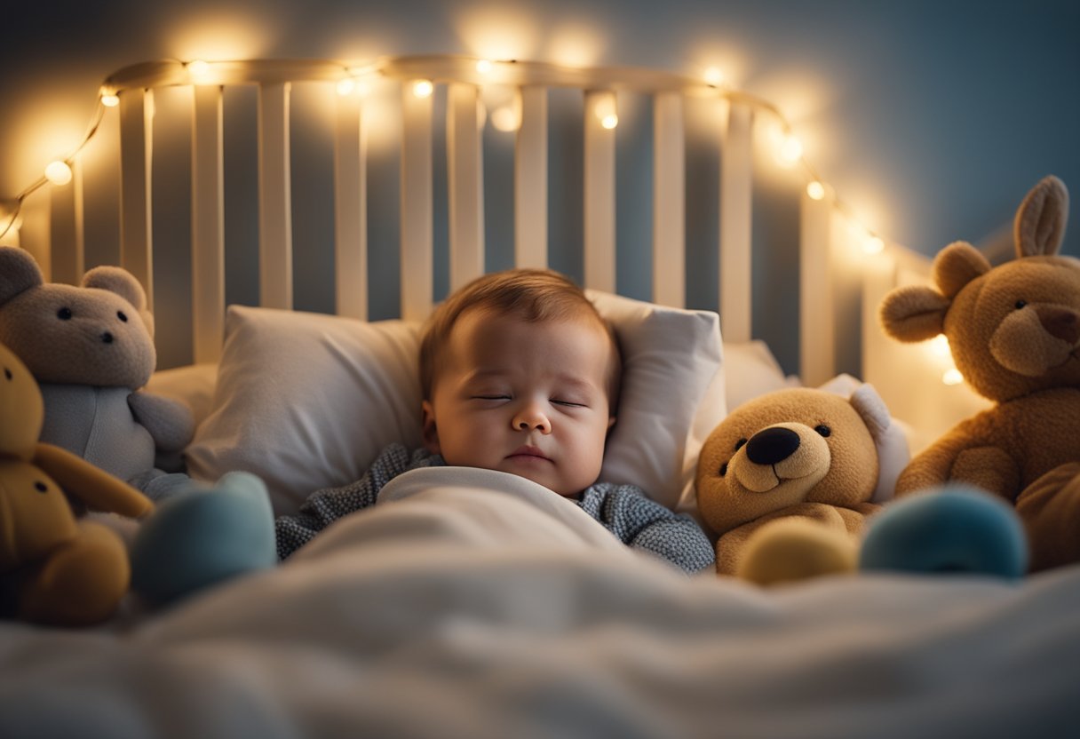 A toddler peacefully sleeping in a cozy bed with safety rails, surrounded by familiar toys and a comforting nightlight