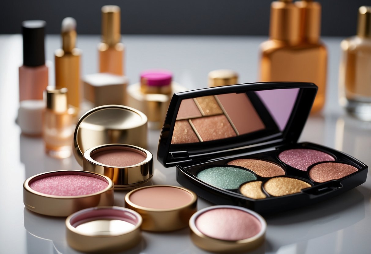 An array of colorful makeup products arranged on a clean, well-lit surface, with sparkling captions displayed on a digital device nearby