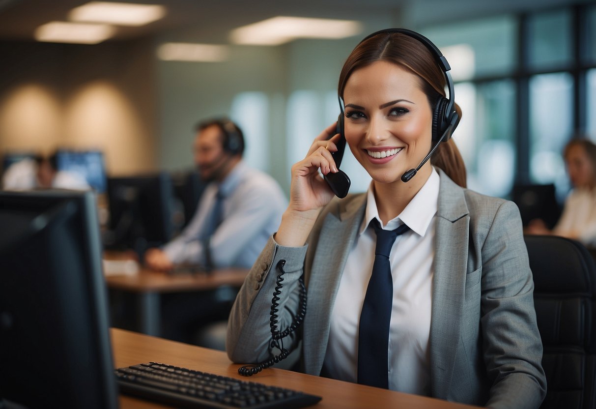 A customer service agent confidently resolves a customer's issue over the phone, leaving the customer satisfied