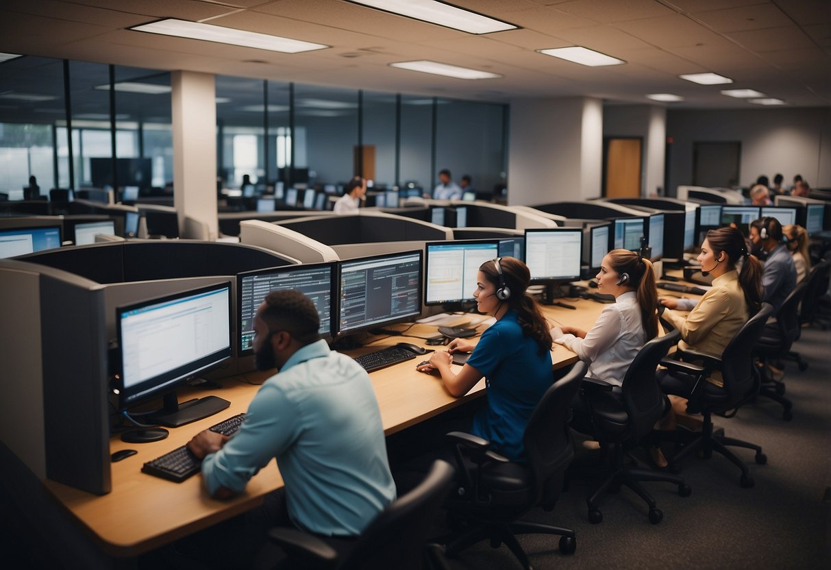 A busy call center with employees focused on resolving customer issues efficiently