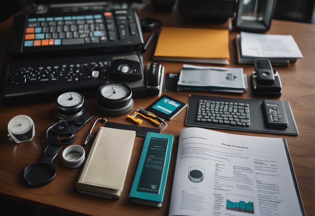 A group of tools and resources laid out on a table, including training manuals, computer software, and customer service scripts