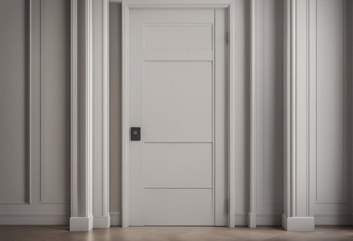 A hand reaches for a sleek, modern door casing. The material is smooth and minimalist, with clean lines and a neutral color palette