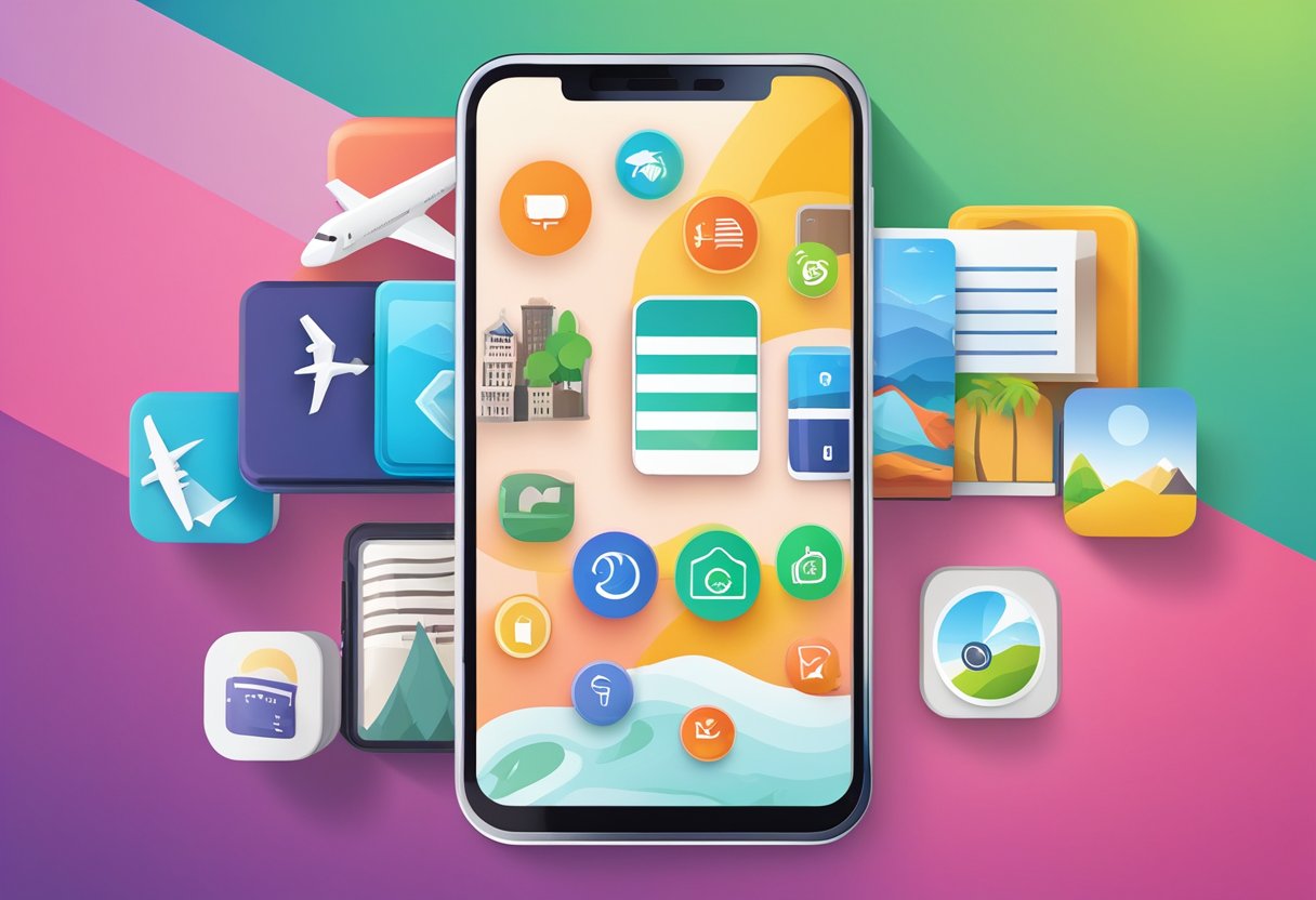 A smartphone displaying 5 travel guide app icons on a colorful, vibrant background