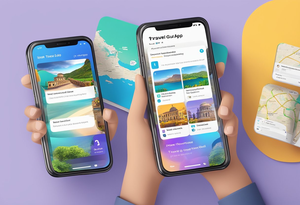 A smartphone displaying the top 5 travel guide apps on a vibrant background, with each app's logo and a brief overview of their features