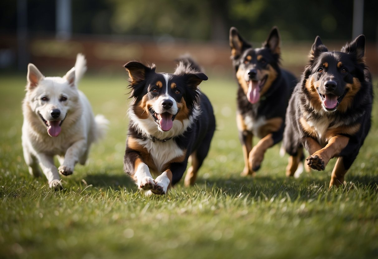 Several dogs of different breeds playing and interacting harmoniously in a spacious, fenced yard