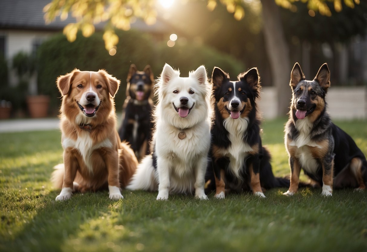 A diverse group of dogs playfully interact in a spacious backyard, showcasing their unique mixed breed characteristics and friendly demeanor