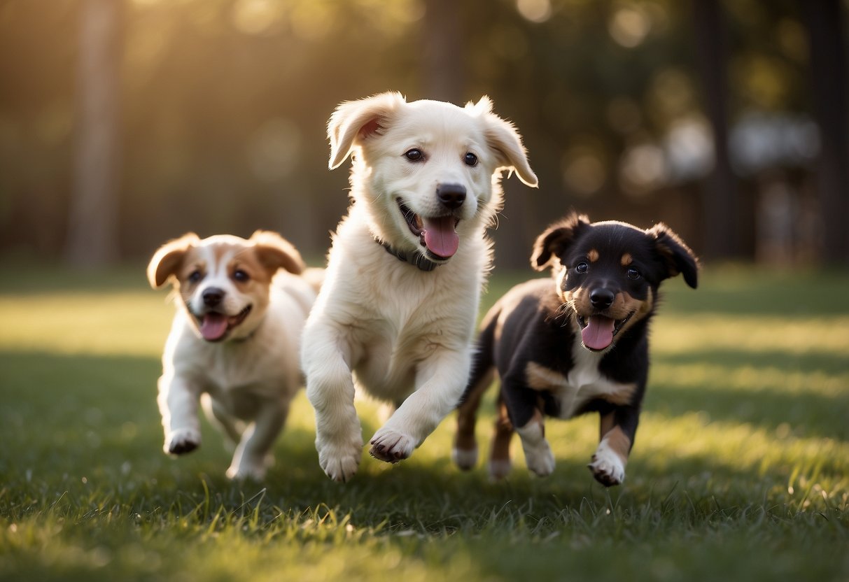 A group of playful puppies romp around while older dogs lounge nearby, showcasing the dynamic between different age groups in a multi-dog family