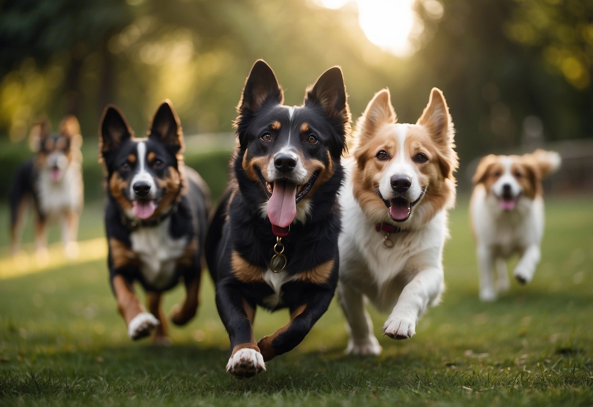 Multiple dogs playing in a spacious yard, showing friendly interactions and teamwork. Various breeds are happily engaging with each other, demonstrating their compatibility for multi-dog households