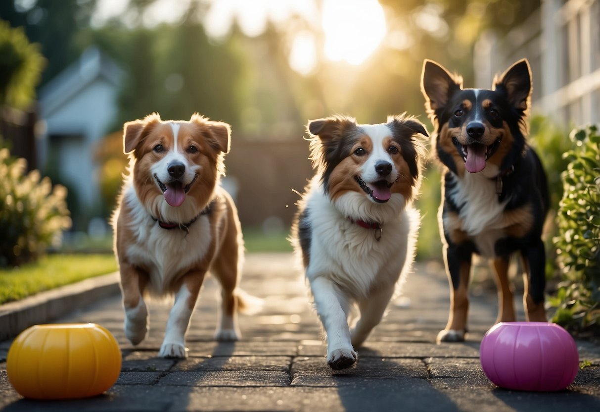 Multiple dogs playing in a fenced yard, with toys and water bowls. A family walks by, smiling, with a variety of dog breeds. Online resources listed in the background