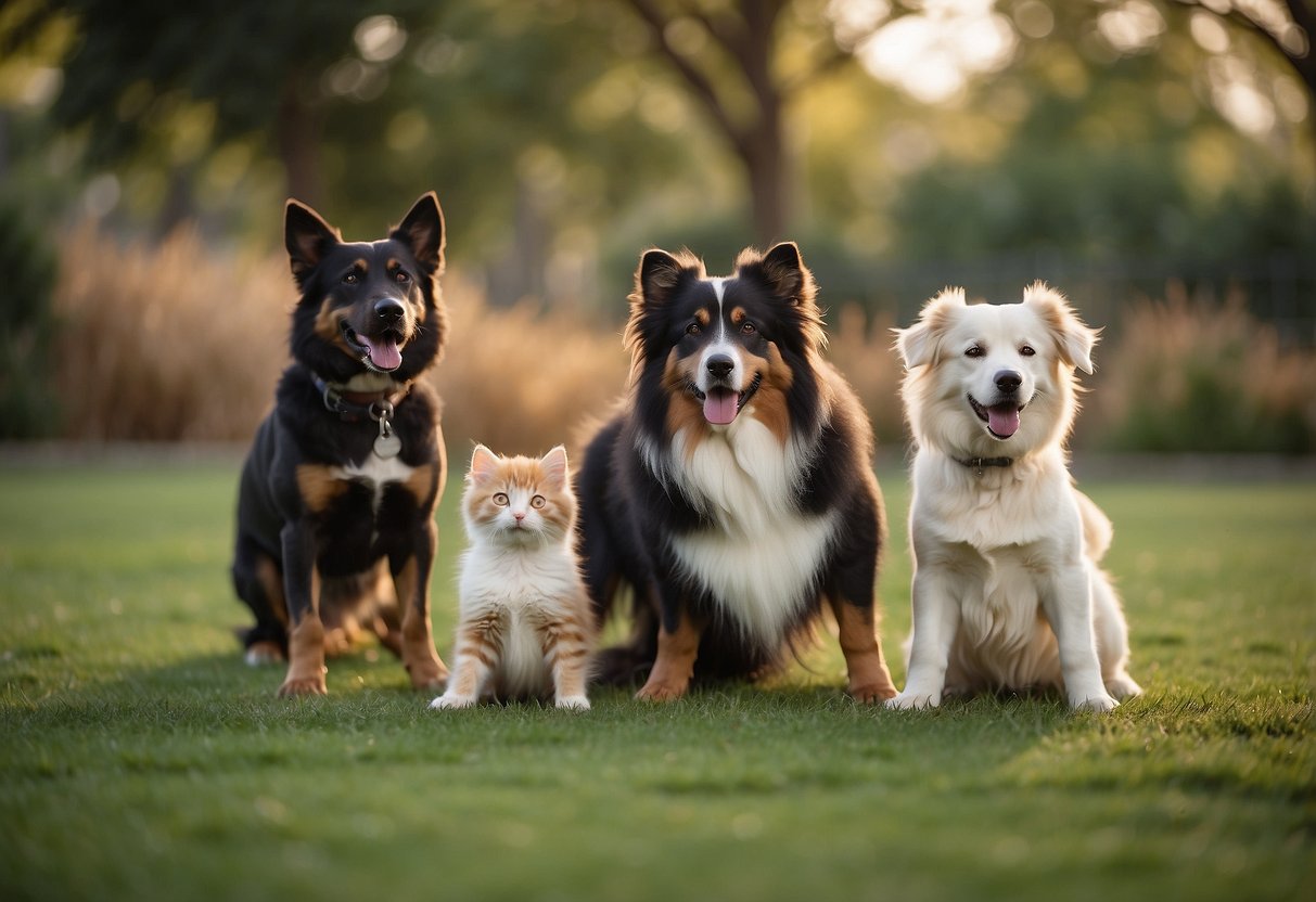 Several dogs of different breeds playfully interact in a spacious, fenced-in yard, displaying camaraderie and affection towards each other