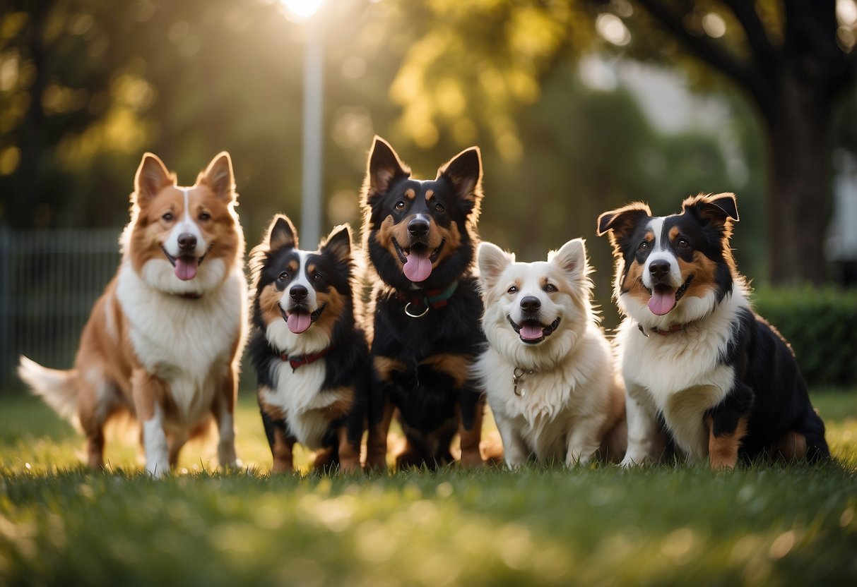 Several dogs of different breeds happily playing together in a spacious backyard, showing their friendly and social nature