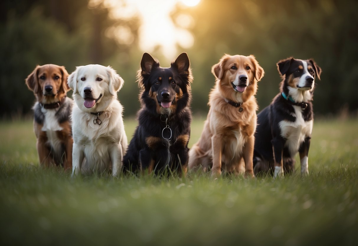 Several dogs standing in a circle, one with tail raised, another with ears back, and one laying down, illustrating pack dynamics in a multi-dog family