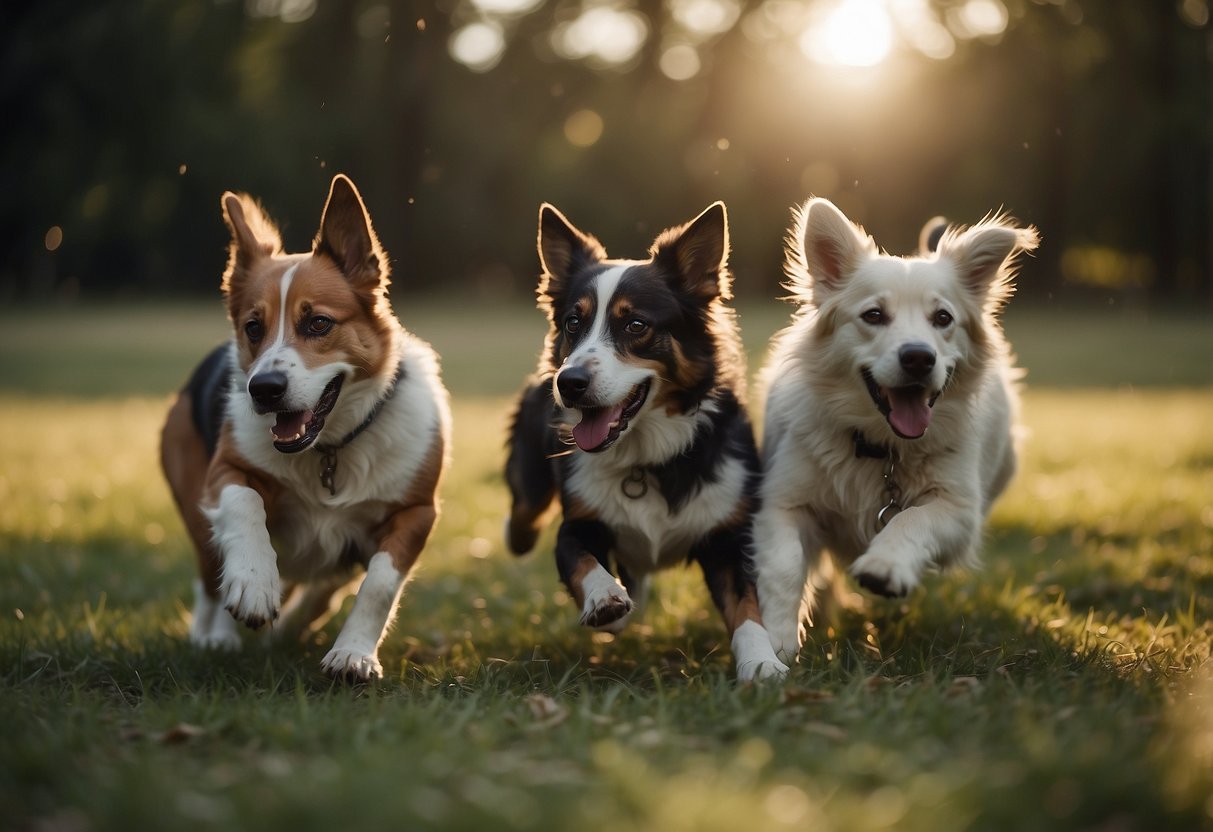 Dogs engage in playful interactions, reinforcing pack hierarchy and social bonds. Multiple dogs display coordinated movements, establishing stability within the group