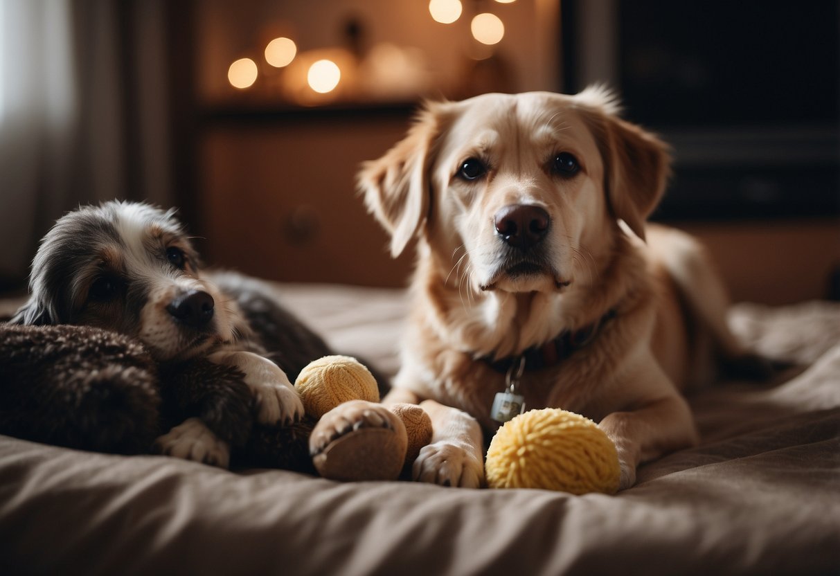 Old dog resting in cozy bed, surrounded by caring younger dogs. One dog brings a toy, another licks the elder's face