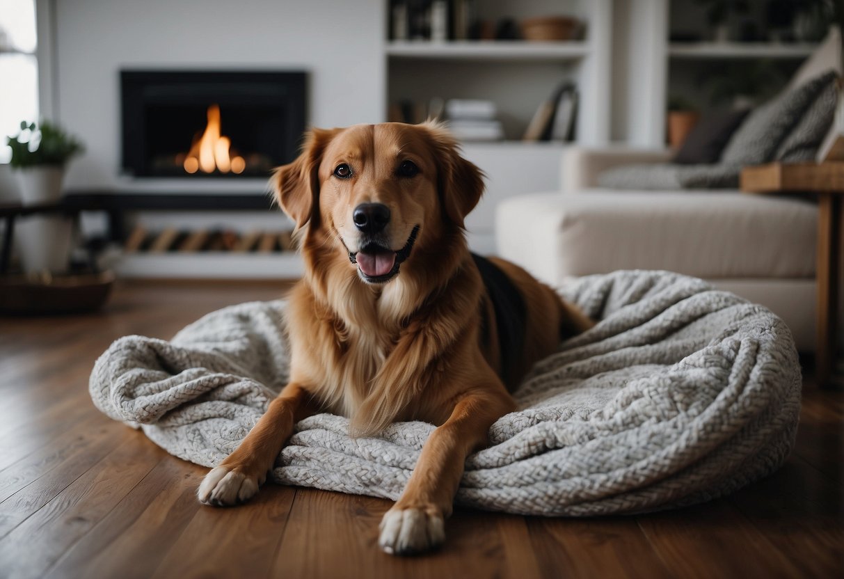 A cozy living room with soft blankets and dog beds scattered around. Older dogs resting peacefully while younger dogs play nearby. Gentle music plays in the background, creating a calming atmosphere