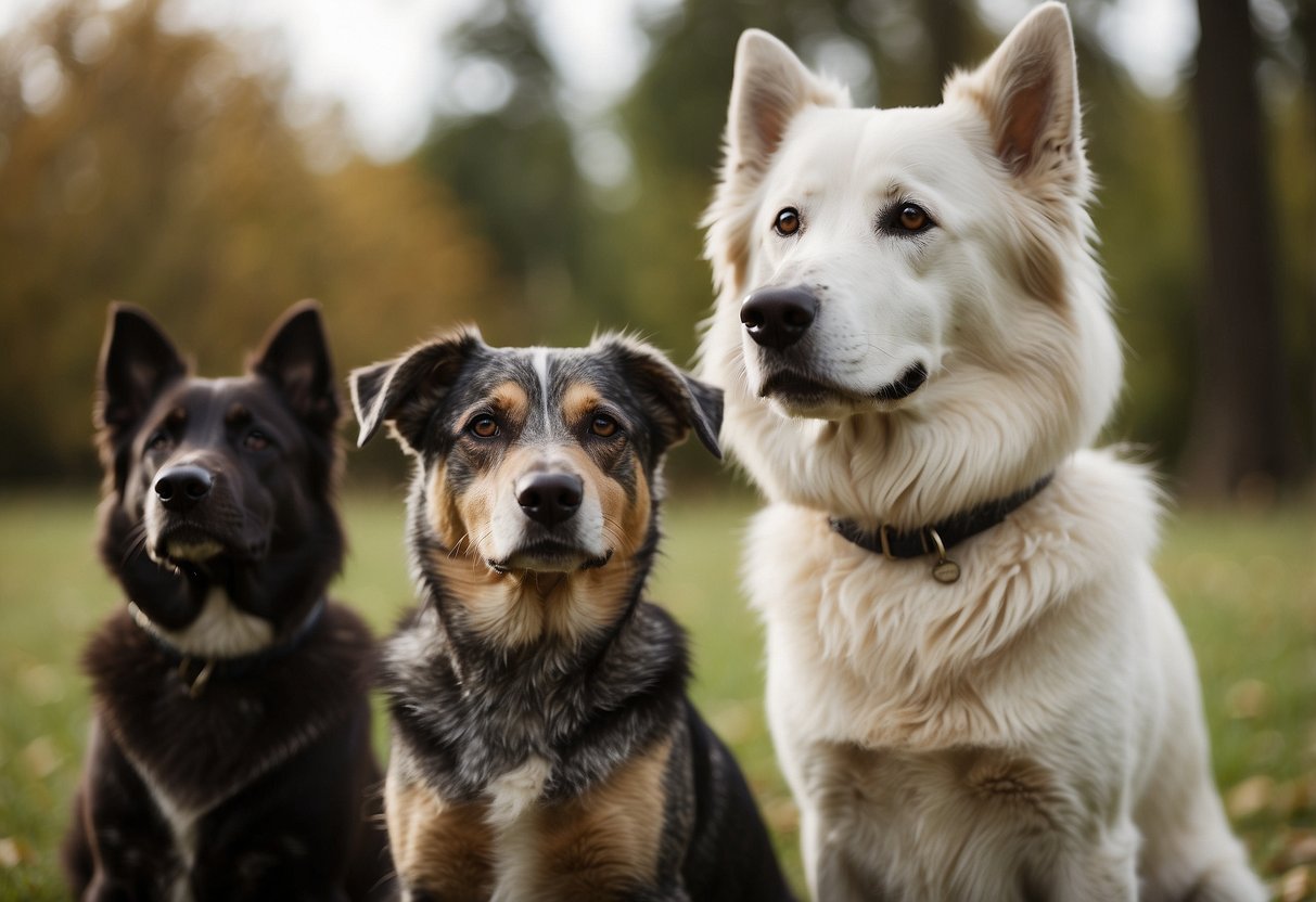 Several older dogs peacefully coexist with younger pack members, showing mutual respect and understanding within a harmonious multi-dog household