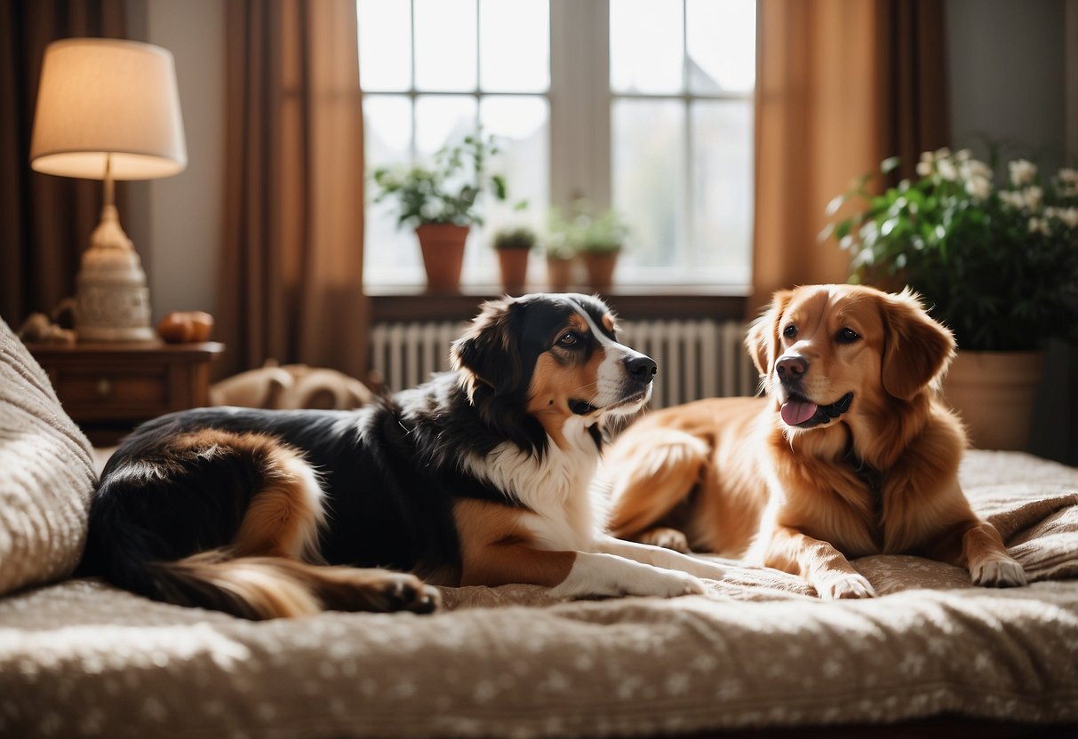 Several elderly dogs lying comfortably in a cozy, spacious room with soft bedding and plenty of natural light. Other dogs in the household are seen gently interacting with the older dogs, offering companionship and support