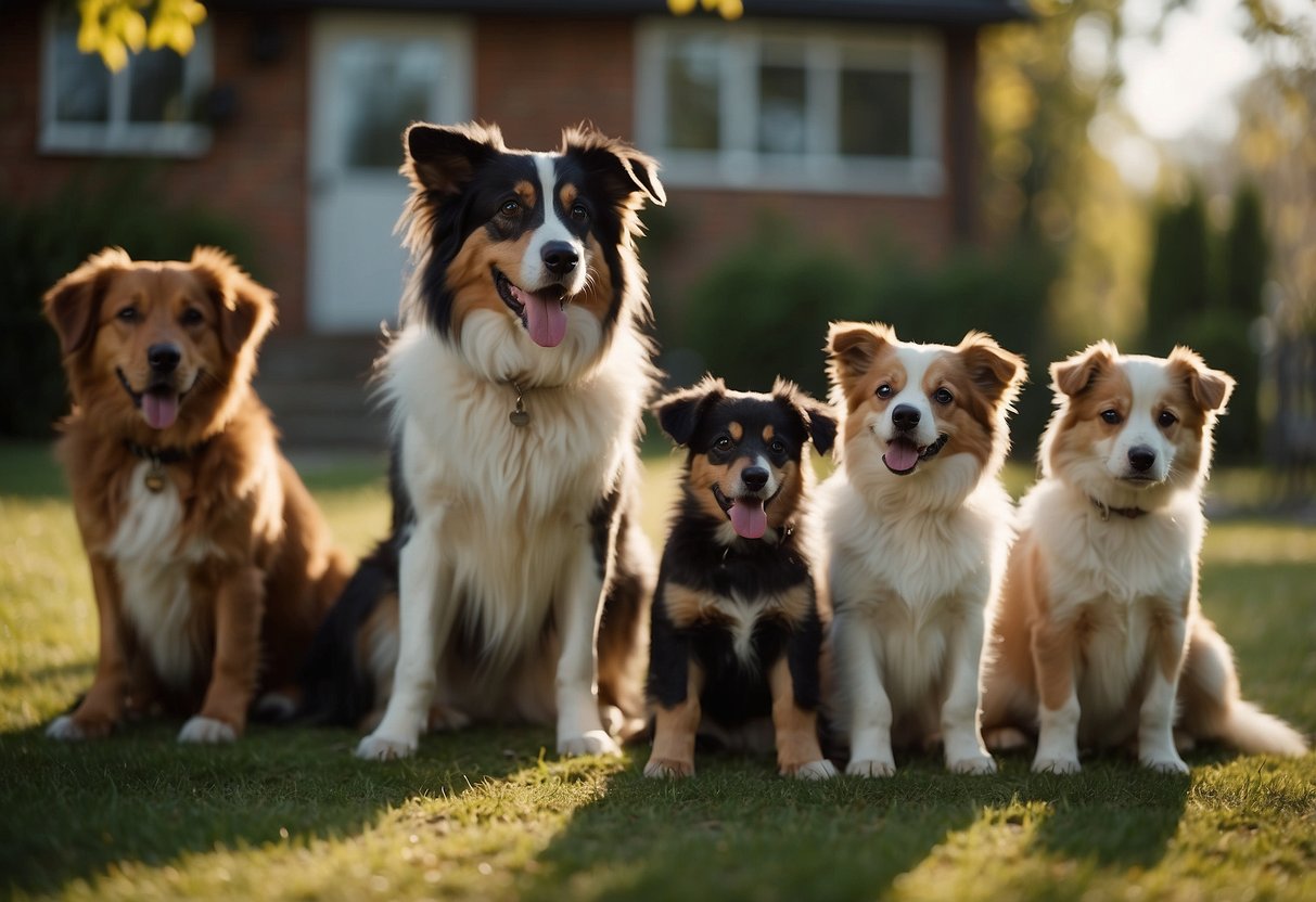 A group of dogs of varying ages interact in a home setting. One older dog is being observed for any changes in behavior, while the other dogs go about their daily activities