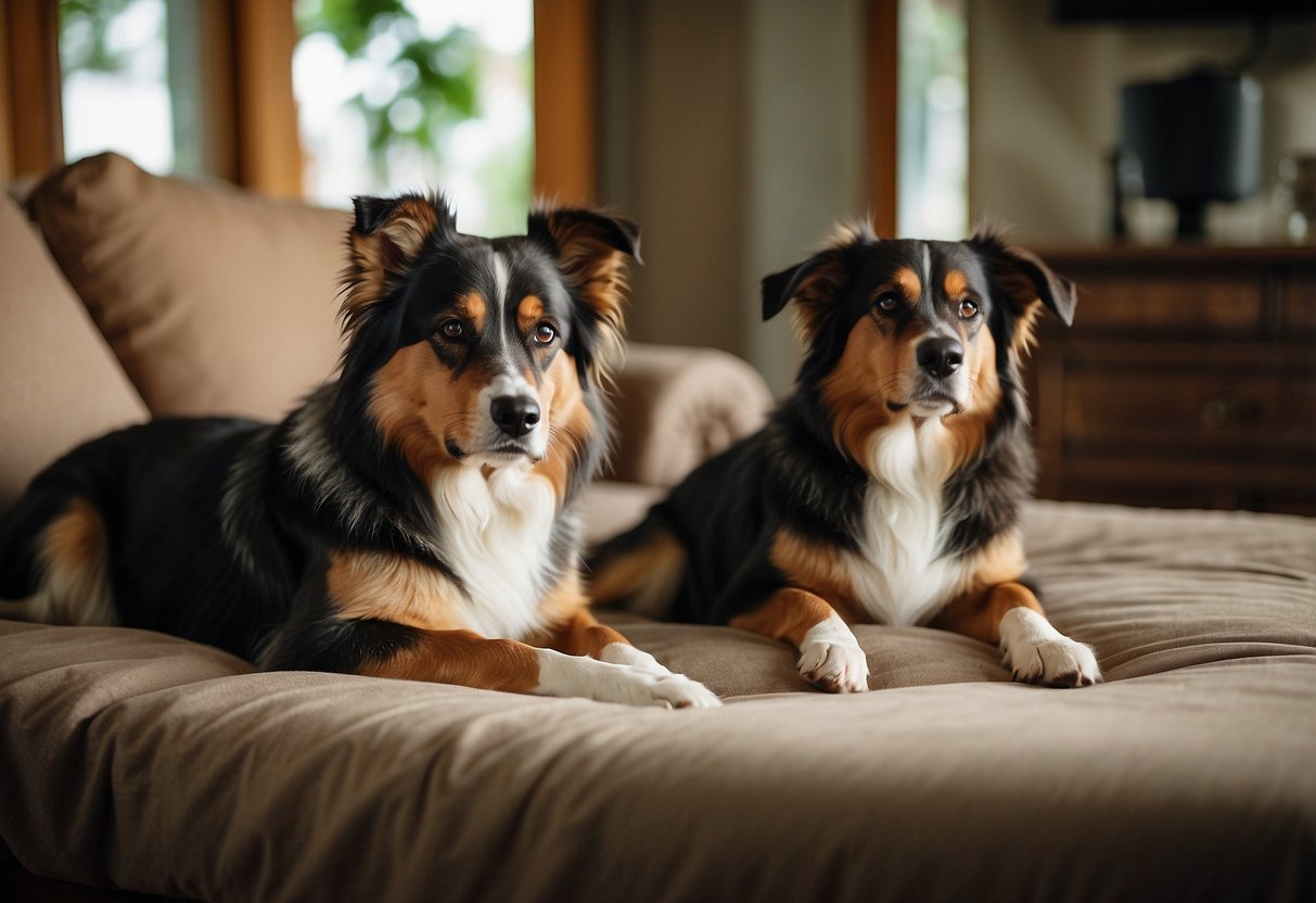 Several older dogs peacefully coexist with younger companions in a cozy home setting, with comfortable beds and plenty of space for each to relax