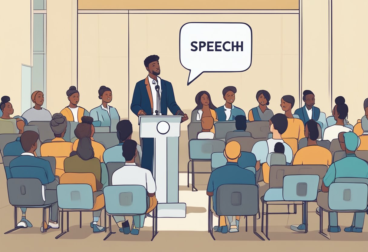 A person stands at a podium, addressing a diverse audience. A speech bubble with the words "Understanding the Purpose of Your Speech" hovers above the speaker's head