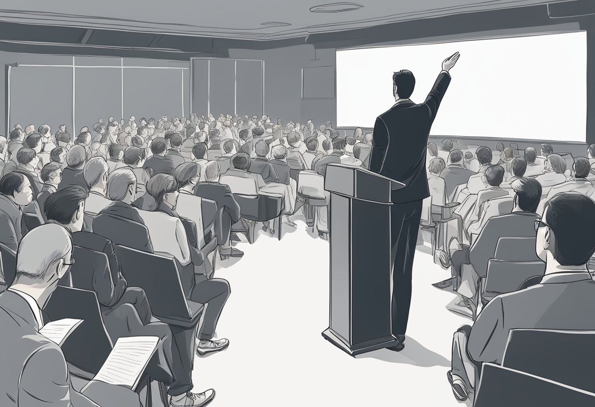 A person stands at a podium, gesturing emphatically. The audience leans forward, captivated by the speaker's compelling words. A giant screen behind the speaker displays the title "How to write good speech."