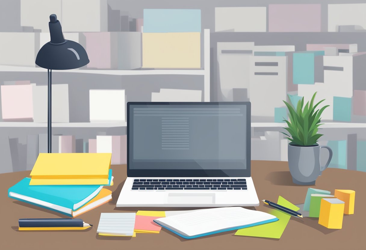 A desk with a laptop, notebook, and pen. A stack of books on public speaking. Post-it notes with speech tips