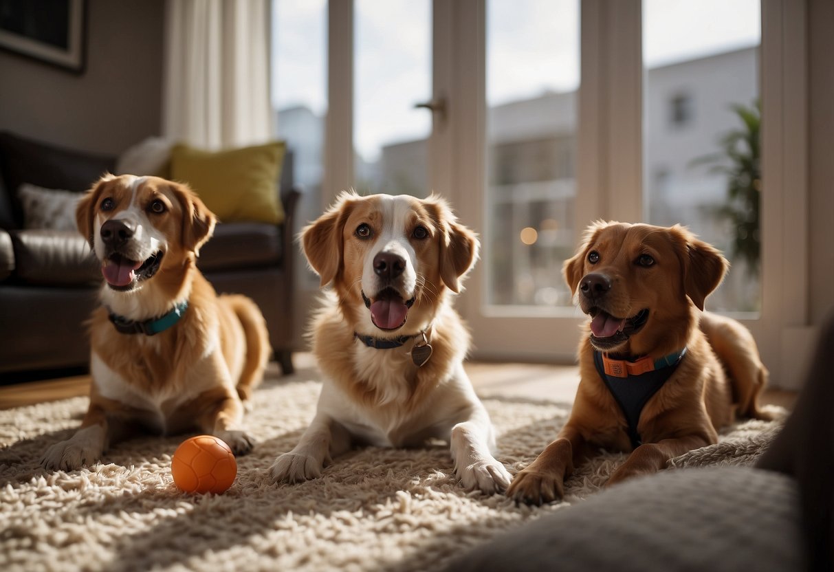 Several dogs barking in a living room. One dog is standing with ears perked up, while another is lying down with a toy in its mouth. A third dog is looking out the window, alert to the noise