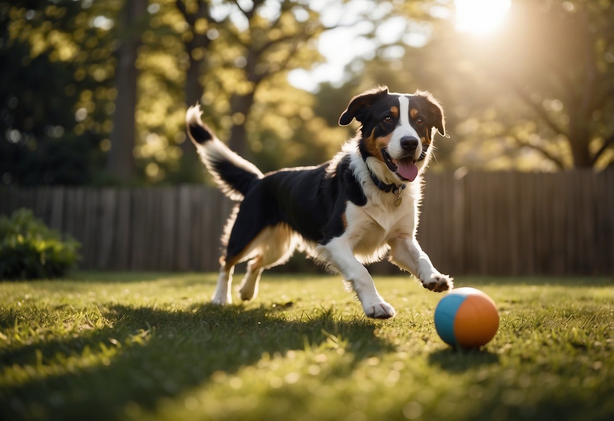 Dogs playing and exercising in a spacious backyard, while barking and noise are managed with interactive toys and positive reinforcement