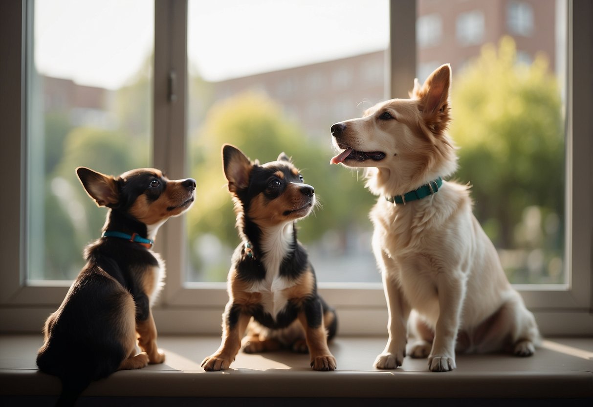 Multiple dogs barking indoors, one dog with raised ears, another with a toy in its mouth, and a third dog looking out a window