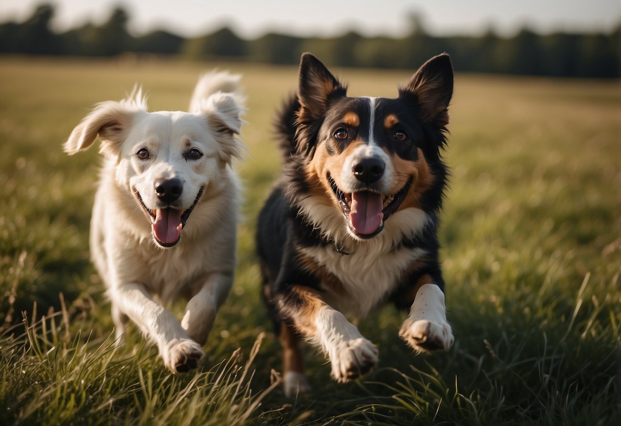 Two dogs playing together, running side by side in a grassy field, tails wagging and tongues lolling, showing affection and trust