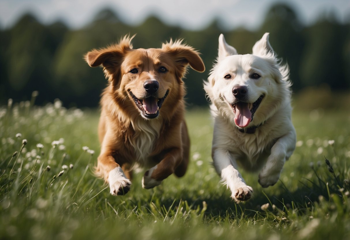 Two dogs playing together, running in a green field, wagging tails and smiling faces, showing affection and strong bond