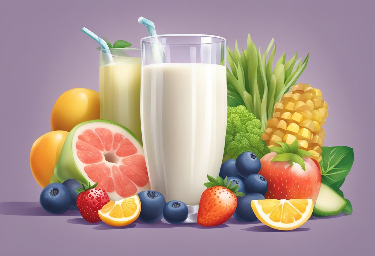 A glass of milk surrounded by various healthy food items, with a radiant glow highlighting its benefits for health