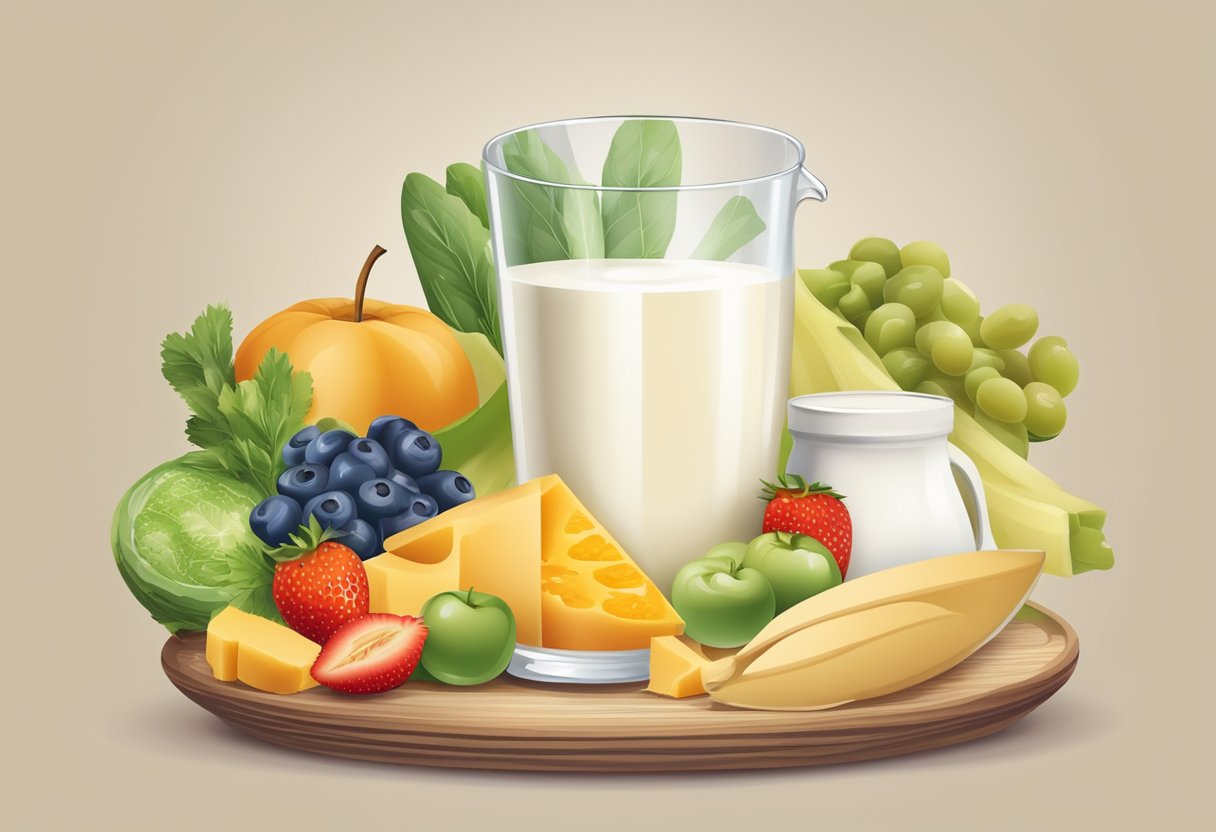 A glass of milk surrounded by a variety of dairy products, fruits, and vegetables, with a label showcasing its nutritional benefits