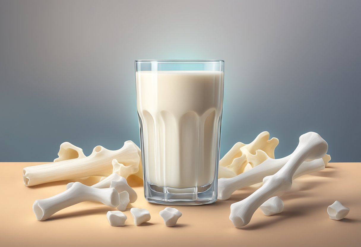 A glass of milk surrounded by vibrant, healthy-looking bones and a glowing aura of strength and vitality