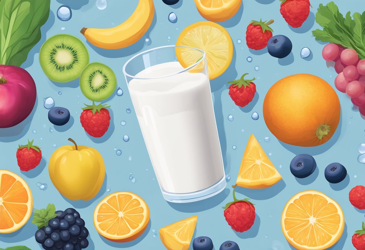 A glass of milk surrounded by electrolyte-rich fruits and vegetables, with a water droplet representing hydration benefits