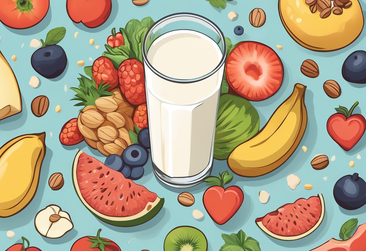 A glass of milk surrounded by heart-healthy foods like fruits, vegetables, and nuts. A heart symbol hovers above, representing the benefits of milk for heart health