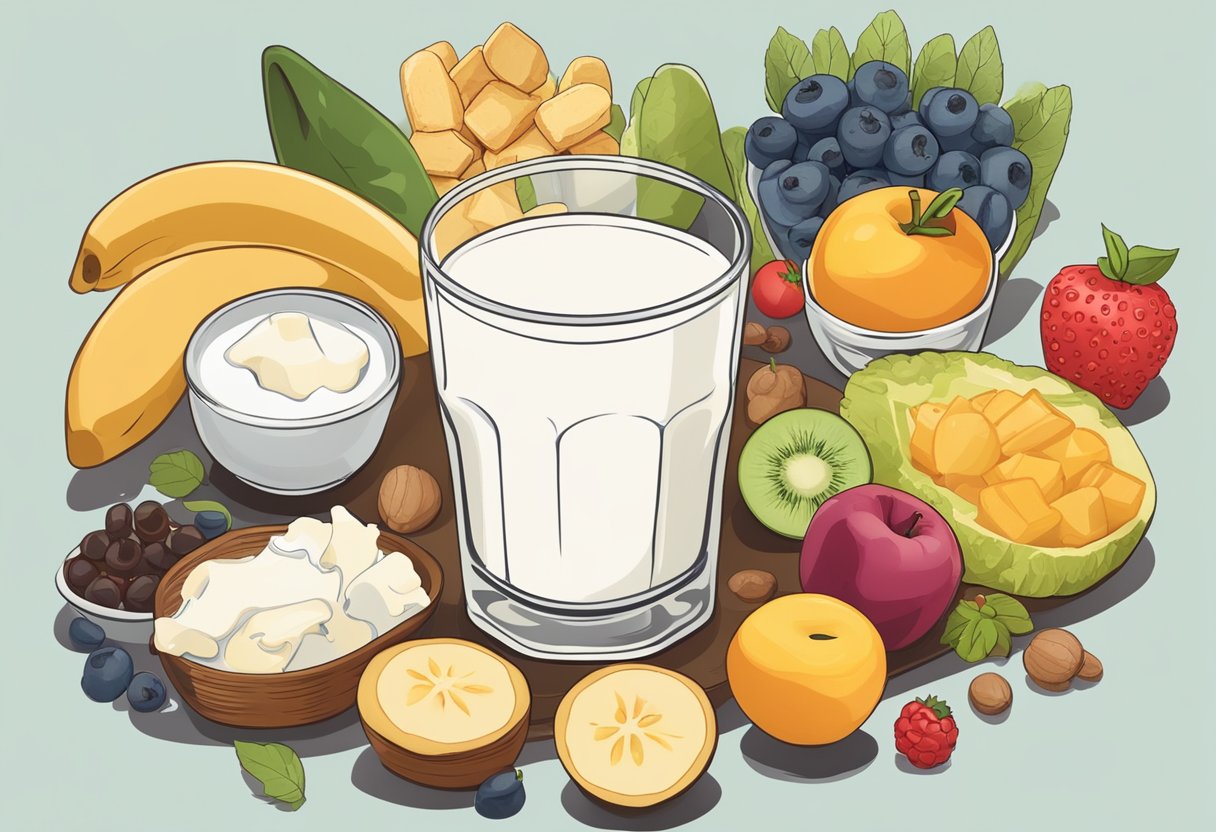 A glass of milk surrounded by various healthy foods and a measuring tape, symbolizing the benefits of milk for weight management