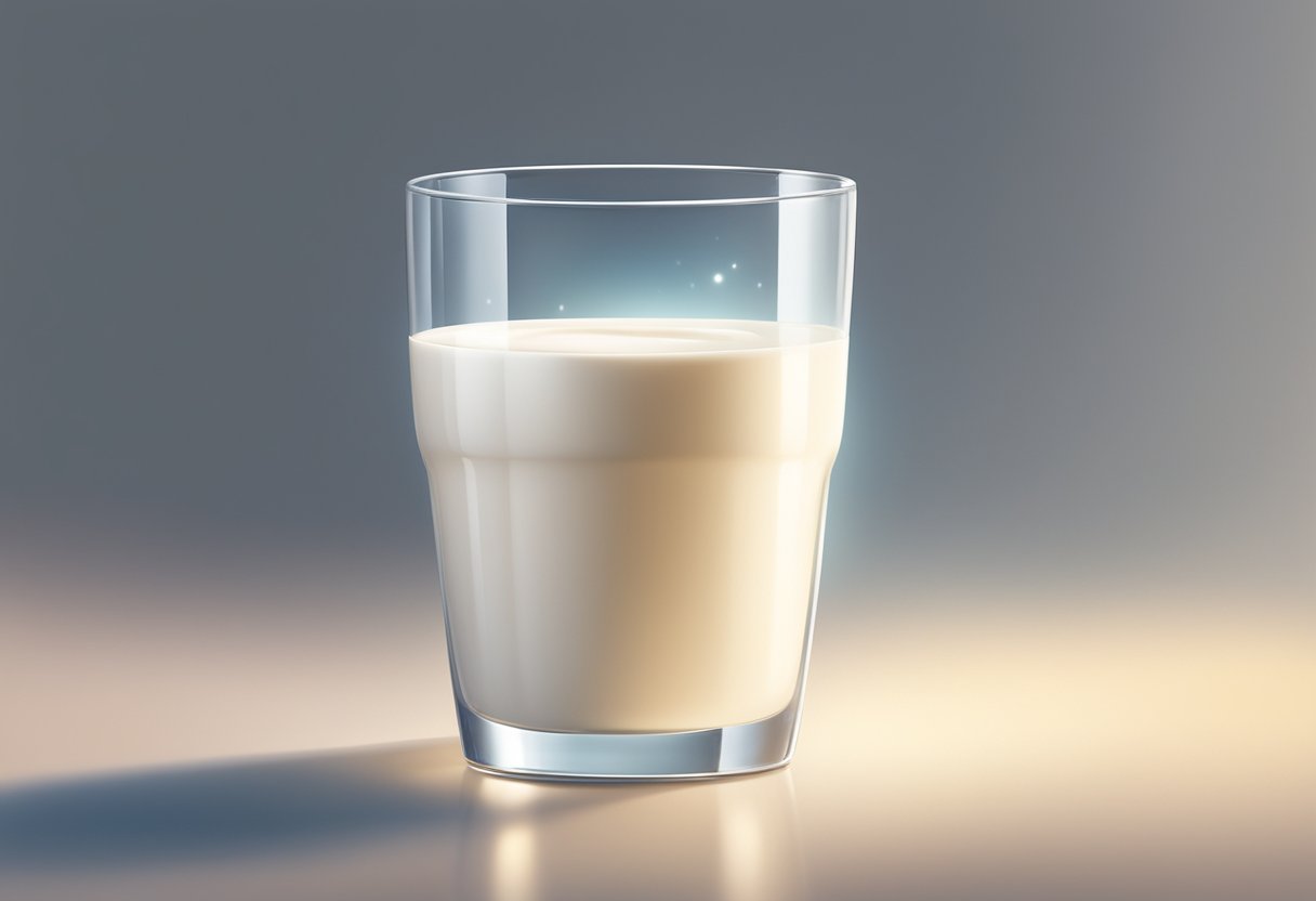 A glass of milk surrounded by radiant beams, with a glowing complexion and healthy skin