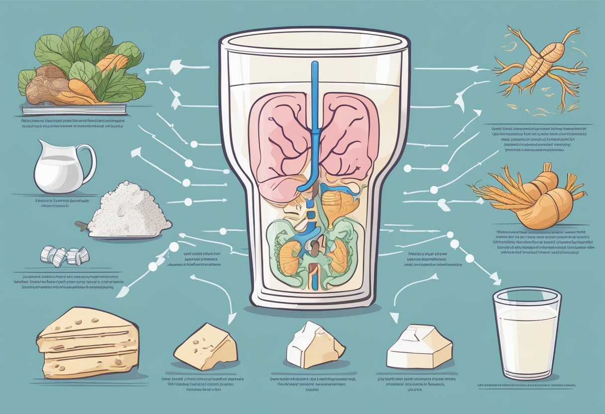 A glass of milk surrounded by various digestive system organs, with arrows pointing towards them to illustrate the benefits of milk for digestive health