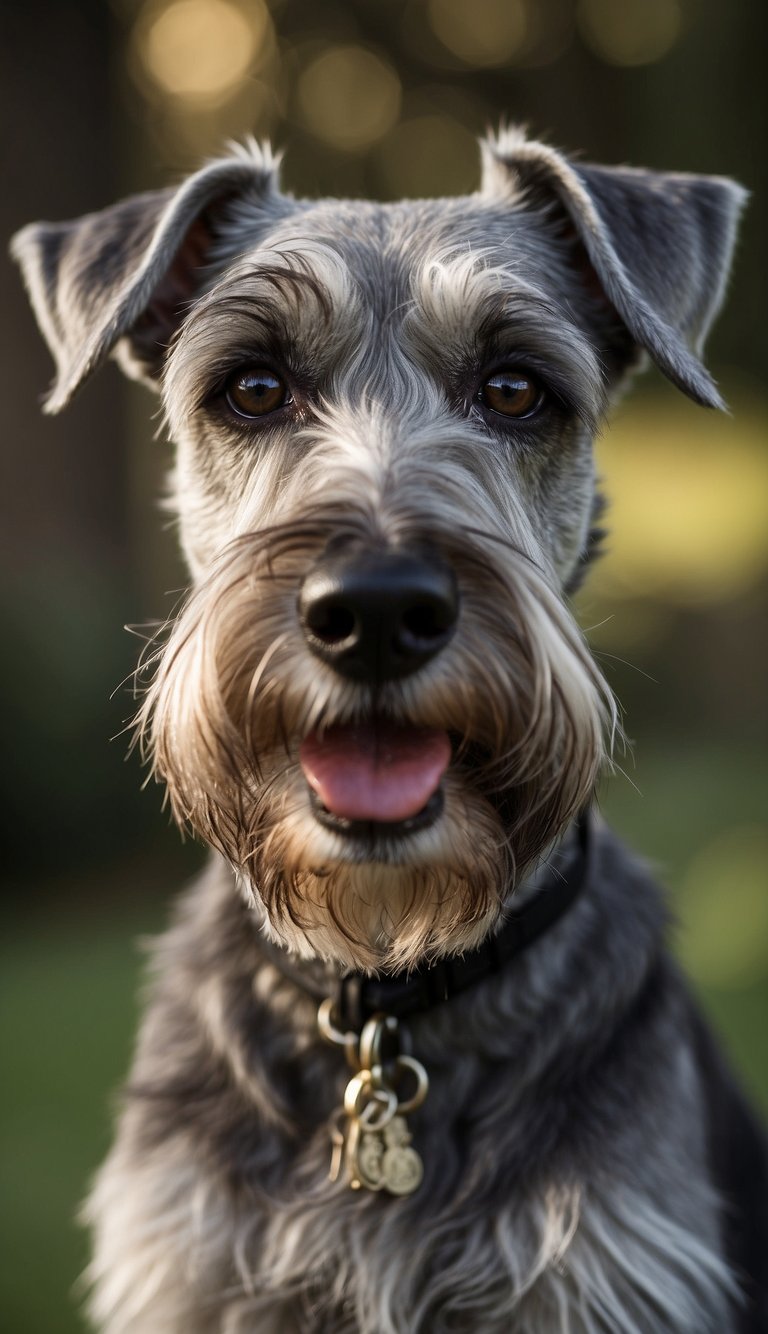 A schnauzer stands proudly, with alert eyes and a wiry coat. Its distinctive beard and bushy eyebrows give it a distinguished appearance