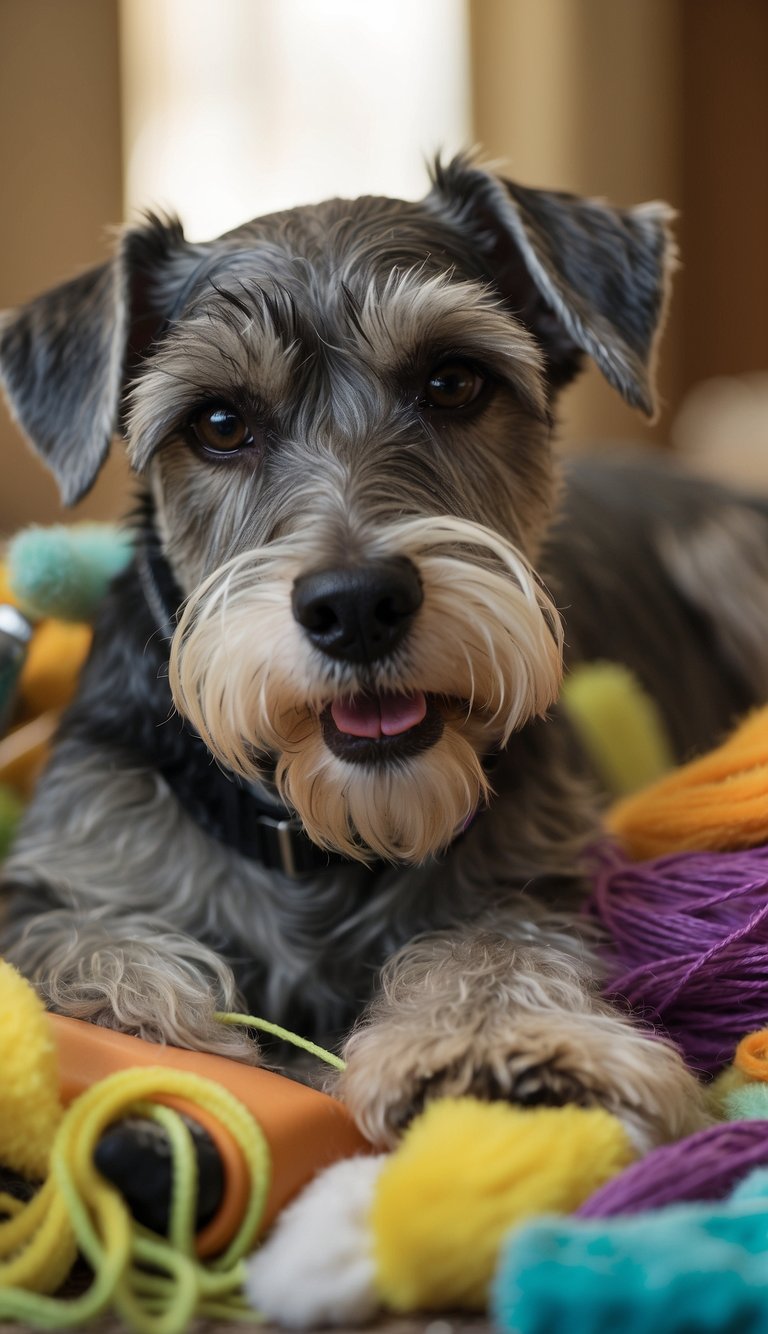 A Schnauzer struggles with tangled fur, while knocking over grooming supplies. Frustration evident as the pup's expression conveys the unexpected challenges of owning a Schnauzer