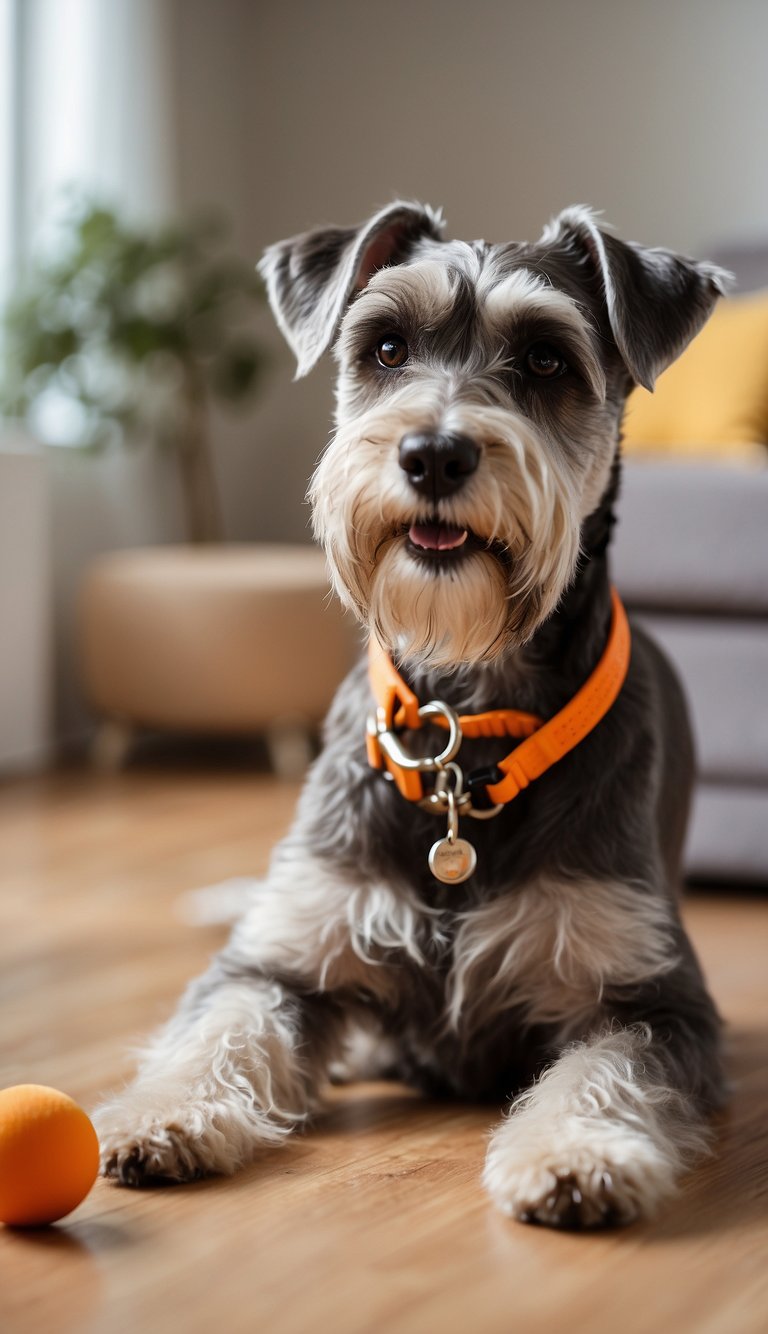 A Schnauzer eagerly plays with a chew toy in a spacious, well-lit living room. A leash and dog bowl sit nearby, hinting at the active lifestyle required for this energetic breed