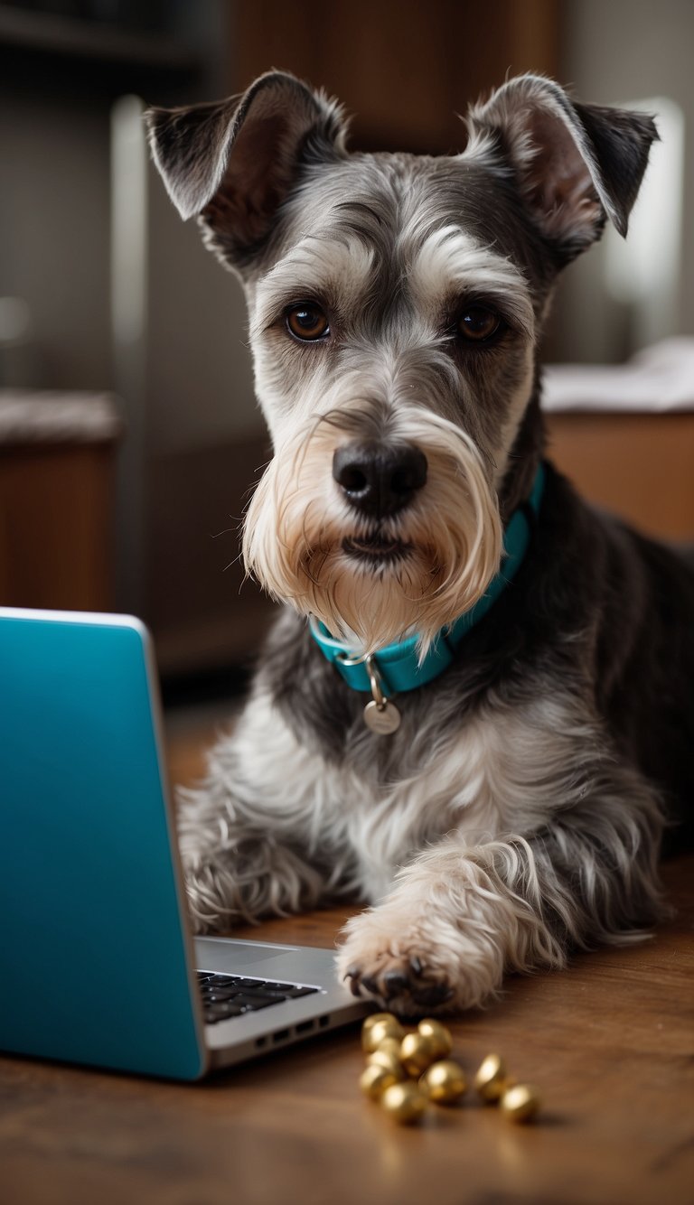 A schnauzer sits next to a spilled bag of dog food, looking unwell. A worried owner checks the dog's symptoms on a laptop